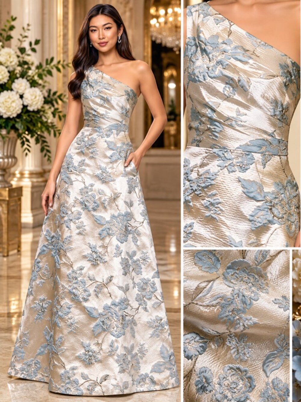 XSCAPE Floral Jacquard One-Shoulder Long Formal Evening Gown NWT 14P